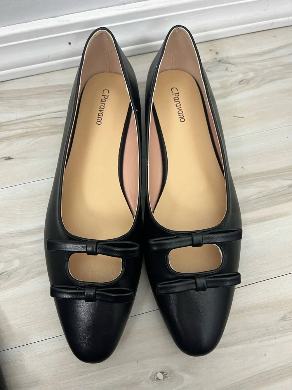 C. Paravano Black Bow Slip On Flats